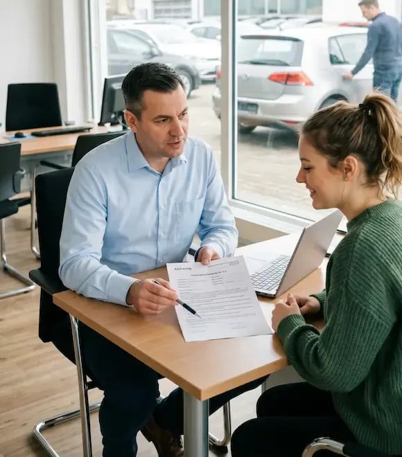 Woman buying a car at a car dealership