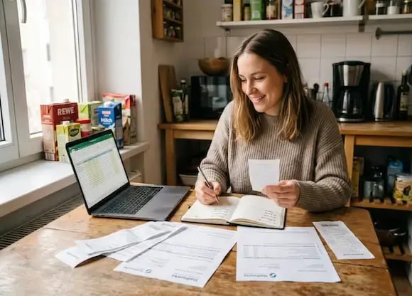 Woman calculating her expenses in her apartment
