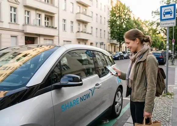 Woman standing in front of her car sharing car 