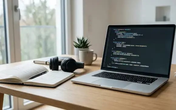 Laptop displaying blurred lines of code