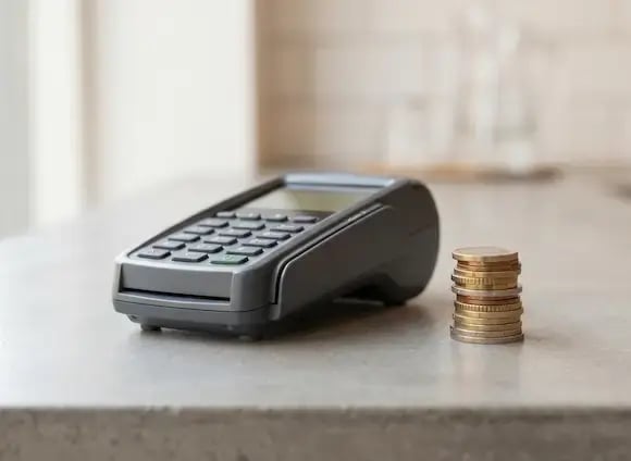 Card payment terminal next to coins