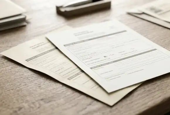 Two visa forms stacked on desk