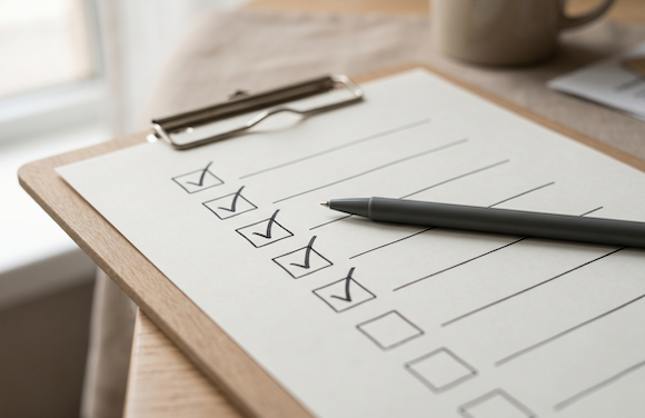 Checklist on clipboard with ticked boxes