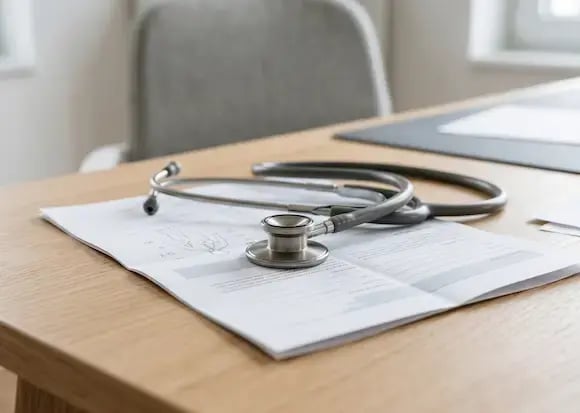 Stethoscope resting on folded document