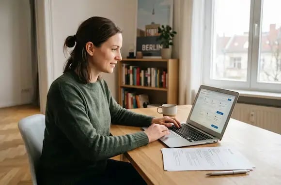 Person trys to find a job in Berlin on a laptop