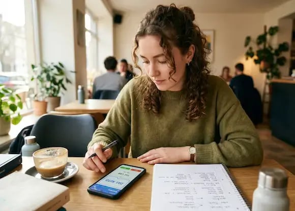 Young person learns German with a learning app