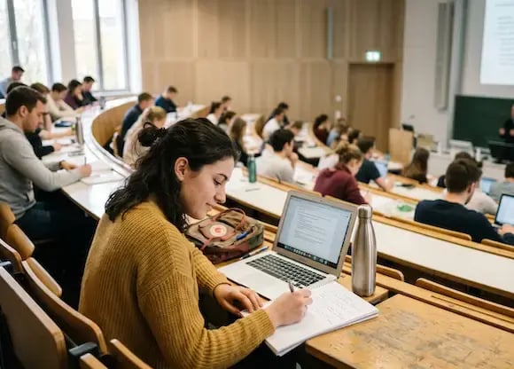 A student taking notes in a lecture