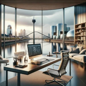 Düsseldorf AI city view from a virtual office