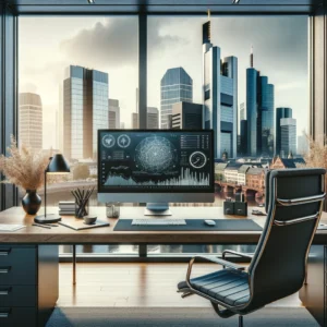 Frankfurt AI city view from a virtual office